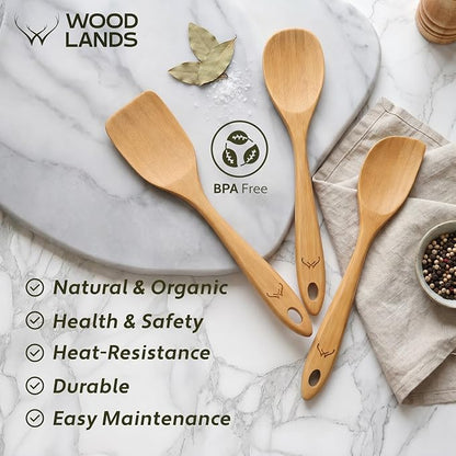 Prime Bamboo Wooden Spoons for Cooking Set of 3 Pcs – Wooden Cooking Utensils with Long Handle, Includes Flat Wood Spoon, Bamboo Spatula, and Slotted Spoon for Kitchen Utensils Set