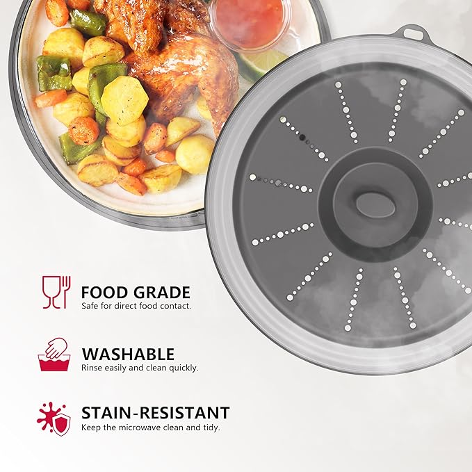 WVM Microwave Splatter Cover & Mat, Vented Collapsible Splatter Guard dish Plate lid & Silicone Round Kitchen Mat for Food, Meal Prep, Dark Grey