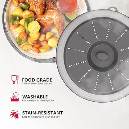 WVM Microwave Splatter Cover & Mat, Vented Collapsible Splatter Guard dish Plate lid & Silicone Round Kitchen Mat for Food, Meal Prep, Dark Grey