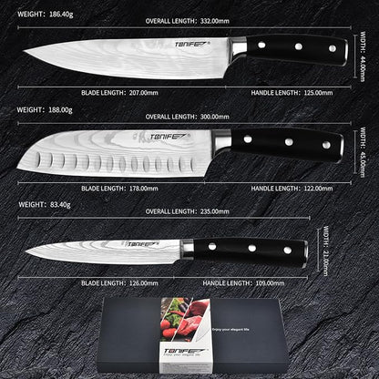TONIFE Kitchen Knife Set, High Carbon Stainless Steel Cooking Knife, Chef's Knife + Santoku Knife + Small Knife (3PCS)