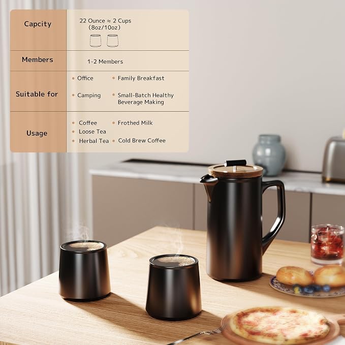 Ceramic French Press Coffee Maker, 22oz Single Serve Coffee Press with Walnut Wood Lid, Lead-Free, Food Grade Stainless Steel Filter with Dual Screen for Coffee and Loose Tea, Black