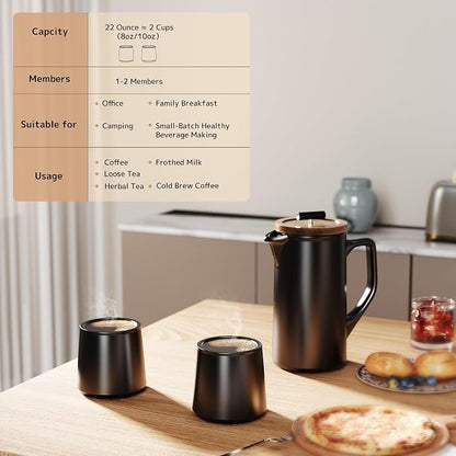 Ceramic French Press Coffee Maker, 22oz Single Serve Coffee Press with Walnut Wood Lid, Lead-Free, Food Grade Stainless Steel Filter with Dual Screen for Coffee and Loose Tea, Black