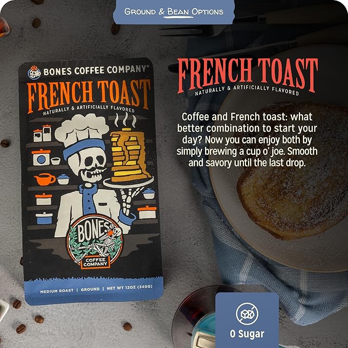 Bones Coffee Company French Toast, Sweet and Buttery Flavored Coffee, Medium Roast Low Acid Arabica Beans Compatible with Auto drip and French Press Coffee Maker, 12 Oz Ground