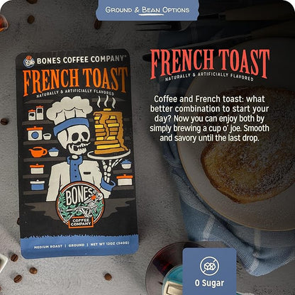 Bones Coffee Company French Toast, Sweet and Buttery Flavored Coffee, Medium Roast Low Acid Arabica Beans Compatible with Auto drip and French Press Coffee Maker, 12 Oz Ground
