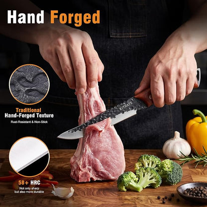 KITNATS Hand Forged Butcher Knife Set, 3PCS BBQ Knife Set with Meat Cleaver, Chef Knife & Boning Knife, High Carbon Steel Cleaver Knife Set for Meat Cutting, Camping, Outdoor Cooking, Gift for Men