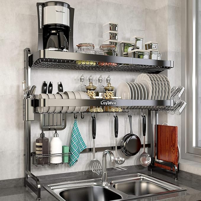 Loyalfire Over Sink Dish Drying Rack, 3 Tier Adjustable Length (20.87'' to 37.6'') Full Stainless Steel Large Storage Kitchen Dish Rack, Expandable Drainer Shelf Rack with Multifunctional Organizers
