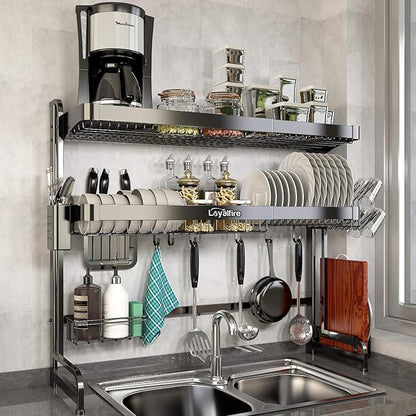Loyalfire Over Sink Dish Drying Rack, 3 Tier Adjustable Length (20.87'' to 37.6'') Full Stainless Steel Large Storage Kitchen Dish Rack, Expandable Drainer Shelf Rack with Multifunctional Organizers