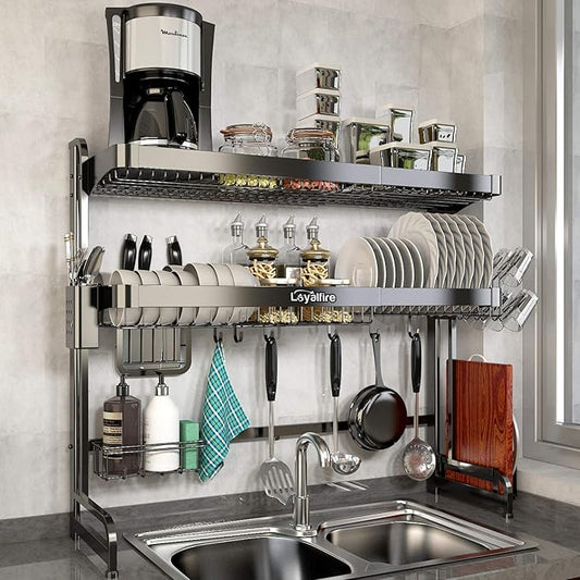 Loyalfire Over Sink Dish Drying Rack, 3 Tier Adjustable Length (20.87'' to 37.6'') Full Stainless Steel Large Storage Kitchen Dish Rack, Expandable Drainer Shelf Rack with Multifunctional Organizers