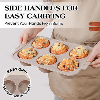 2 Pcs Silicone Jumbo Muffin Pan with Metal Frame, Non Stick Silicone Egg Molds with Handles, Round Silicone Molds for Baking for Oven, BPA Free (Brown, Cream