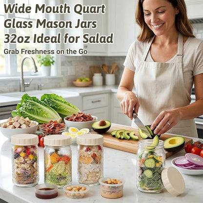 STARSIDE 4 Pack Glass Salad Jars with Plastic Lids Meal Prep, 32oz Mason Jars with Dressing Container, Leakproof Portable Salad Container for Lunch, Wet/Dry Separation Salad Pod for On-the-Go Meals