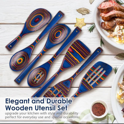 HOWHONG Wooden Spoons for Cooking, Pakkawood Kitchen Utensil Set Spectrum Color, Premium Durable Wooden Utensils for Nonstick Cookware, Heat Resistant, Smooth Finish, Comfortable Grip, 7 Piece