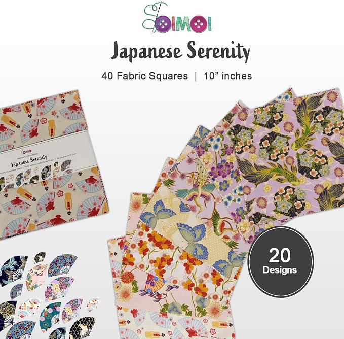 Soimoi 40 Pcs 10 x 10 inches Quilting Fabric Bundles Precut, DIY Cotton Fabric Squares, Printed Layer Cakes Patchwork Materials for Crafts Cloths Decor,Charm Squares for Quilts- Japanese Serenity