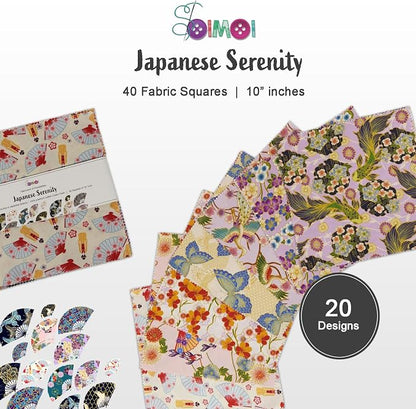 Soimoi 40 Pcs 10 x 10 inches Quilting Fabric Bundles Precut, DIY Cotton Fabric Squares, Printed Layer Cakes Patchwork Materials for Crafts Cloths Decor,Charm Squares for Quilts- Japanese Serenity