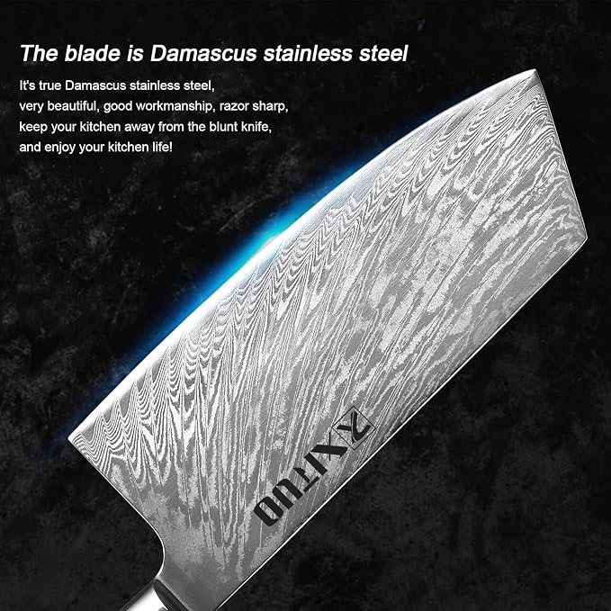 XITUO 7-Inch Vegetable Cleaver Knife – Japanese Style VG10 Damascus Steel Core Forged Blade, Professional Kitchen Knife with Sheath & Case