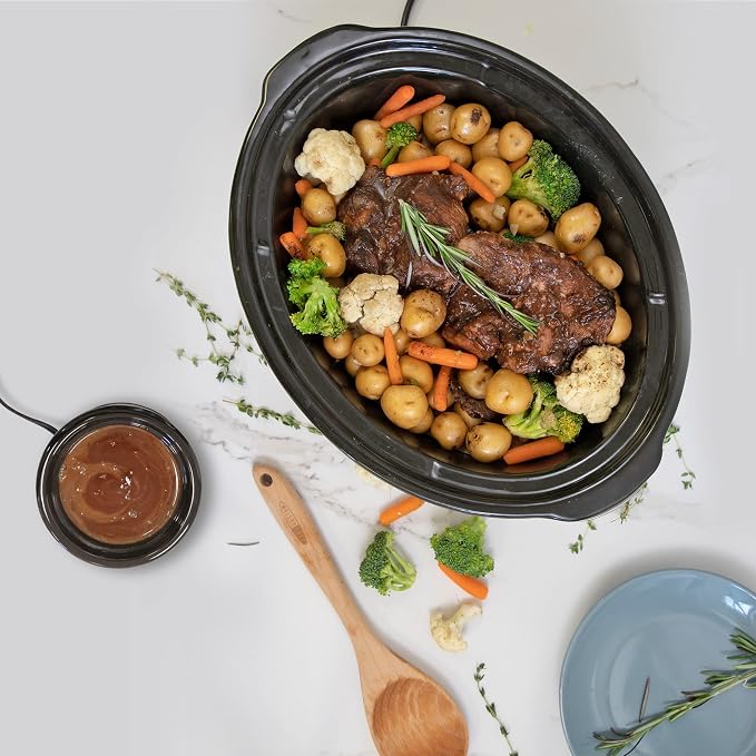 Kenmore Programmable 7 qt (6.6L) Slow Cooker with Dipper Sauce-Warmer, Black and Silver, Stainless Steel, Digital Display, One-Touch Controls, Braise, Simmer, Sous Vide, Stew, Soup, Chili, Curry