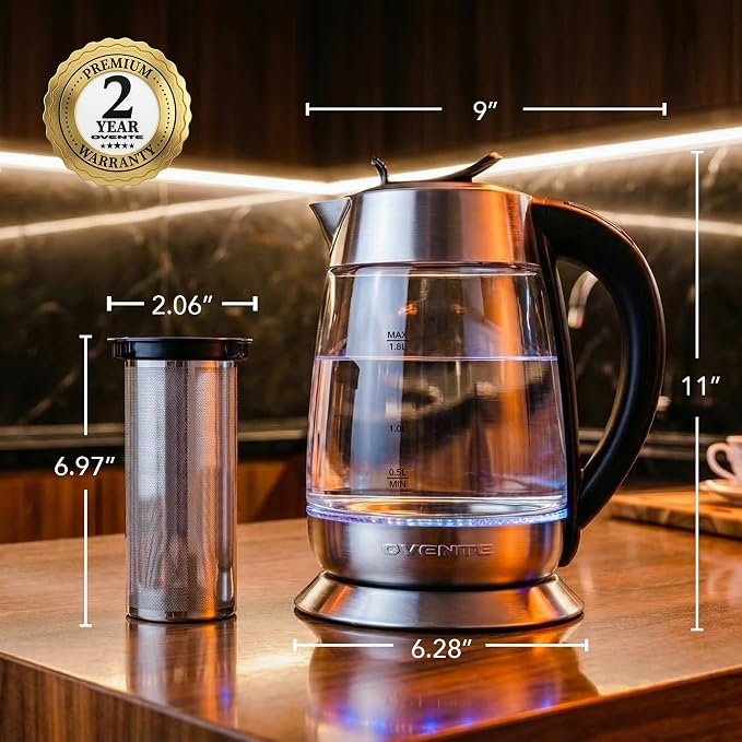 OVENTE Electric Tea Kettle with Temperature Control and Removable Tea Infuser, 1500W Water Boiler and Heater with 1.8L Borosilicate Glass, BPA Free, Auto Shut Off & Boil Dry Protection, Silver KG6610S