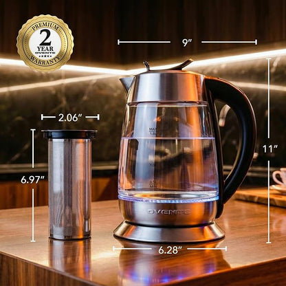 OVENTE Electric Tea Kettle with Temperature Control and Removable Tea Infuser, 1500W Water Boiler and Heater with 1.8L Borosilicate Glass, BPA Free, Auto Shut Off & Boil Dry Protection, Silver KG6610S