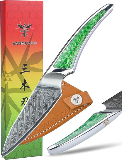 3.5 inch Paring Knife, Japanese VG-10 Damascus Steel Kitchen Knife, Ultra Sharp Fruit Knife with Full-tang Handle in Green Resin, LA-S9 Series