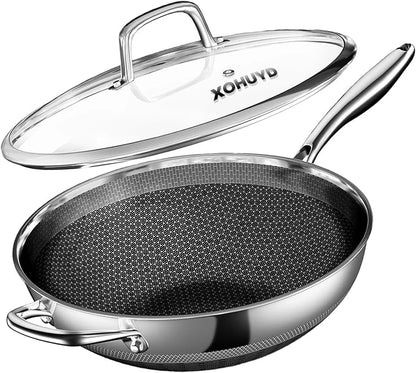 Wok Pan, 13-Inch Stainless Steel Woks & Stir-Fry Pans Nonstick, Wok Pan with Lid for Induction, Hybrid，Electric, Gas, Halogen, All Stoves, Professional PFOA Free Cookware, Dishwasher & Fast Heat