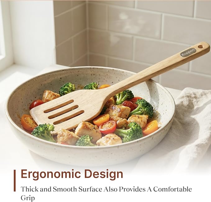 Koppen Rubber Wood Kitchen Utensils Set, Durable Wooden Cooking Spoon and Spatula Ladle for Nonstick Cookware, Non Toxic, Heat Resistant, Smooth Grip, Modern Elegant Design for Everyday (7 Piece Set)