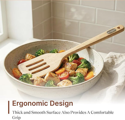 Koppen Rubber Wood Kitchen Utensils Set, Durable Wooden Cooking Spoon and Spatula Ladle for Nonstick Cookware, Non Toxic, Heat Resistant, Smooth Grip, Modern Elegant Design for Everyday (7 Piece Set)