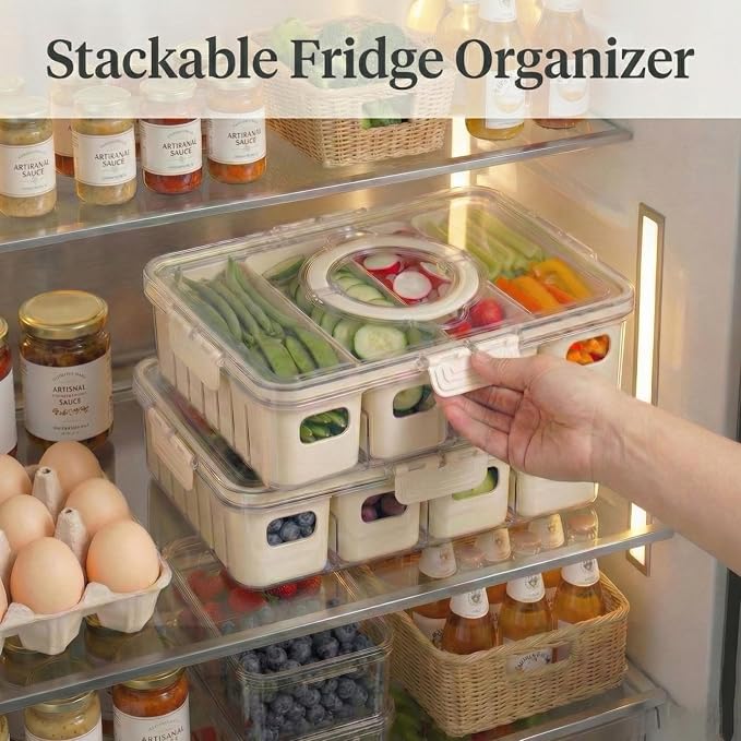 [Dishwasher Safe] Salad Bar Containers for Fridge, Veggie Containers for Refrigerator, Salad Prep Containers for Fridge, Veggie Tray with Lid, Storage & Organizer for Fruit, Berry, Produce Keeper