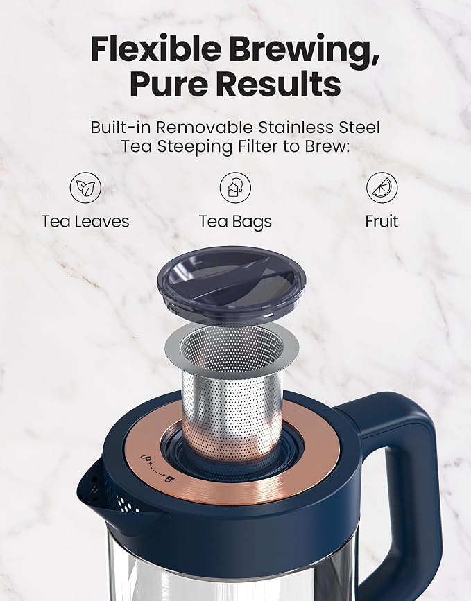 Viante Alba Electric Tea Kettle with Infuser, No Plastic In Contact With Water, 1.5L Borosilicate Glass, 304 Stainless Steel, 4 Temp Presets, Keep Warm, Cordless, Auto Shut-Off, Midnight Blue