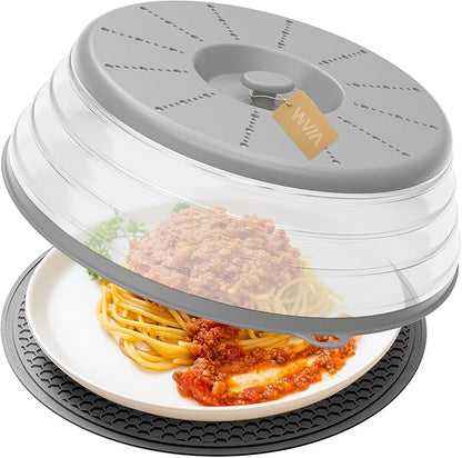 WVM Microwave Splatter Cover Vented for Food with Hook Hole, Splatter Guard & Colander Kitchen Gadget for Food, Meal Prep, Cover & Mat(Grey), M(11"x3.26")-Pack of 1