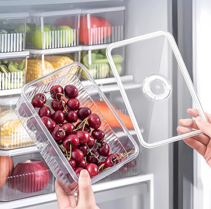 Fridge Food Fruit Storage Container Bin with lid, Refrigerator food vegetable Organizer Fresh Keeper Container with timer lid Fruit Vegetables storage bin For fridge (0.9L+1.8L+3.4L)