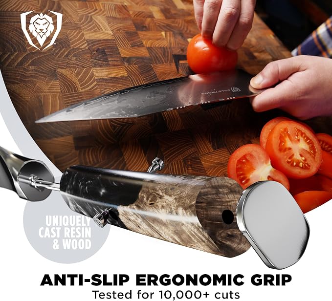 DALSTRONG Chef Knife - 8 inch - Valhalla Series - Ravenstone Black Blade Titanium Coated - Premium 9CR18MOV HC Steel - Resin & Wood Handle - Razor Sharp - Kitchen Cooking Chef's Knife - Leather Sheath