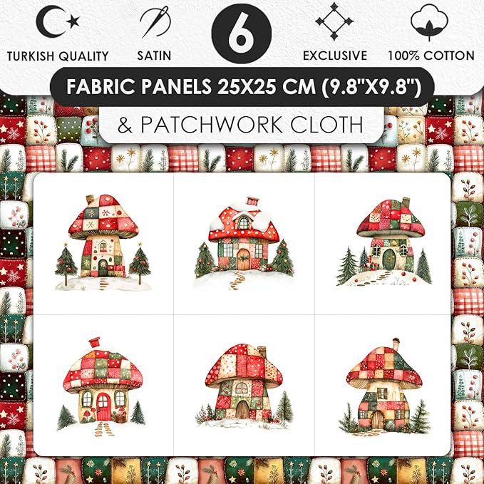 Christmas Patchwork Mushroom House Fabric Panel – Single Continuous Cotton Satin Panel with 6 Printed Squares 9.8” x 9.8” and Bonus Patchwork Area – 100% Cotton for Quilting & Sewing