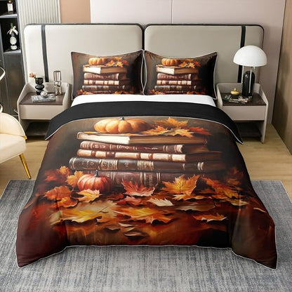 Full Size Duvet Cover Set Read Book Theme 100% Pure Cotton Bedding Set Pumpkin Lantern Maple Comforter Cover 3 PCS Fall Style Plants Quilt Cover Luxury Soft,Comforter Not Included
