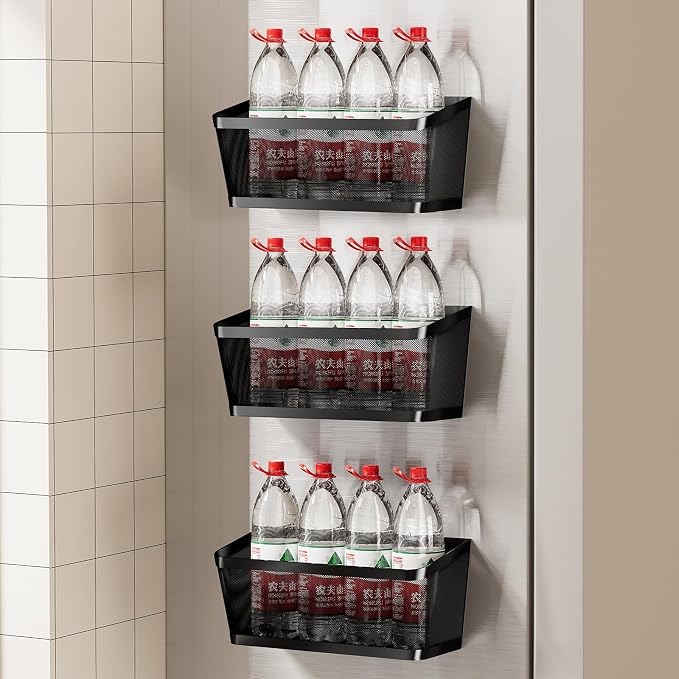 3 Pack Black Metal Magnetic Spice Rack for Refrigerator, Heavy Duty Magnet Shelf for Fridge, Drill Free Mesh Organizer Basket for Kitchen, Pantry, Laundry Room, Garage