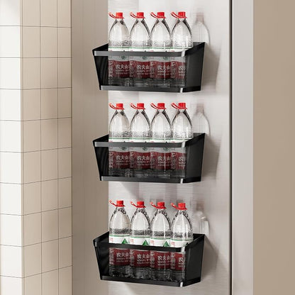 3 Pack Black Metal Magnetic Spice Rack for Refrigerator, Heavy Duty Magnet Shelf for Fridge, Drill Free Mesh Organizer Basket for Kitchen, Pantry, Laundry Room, Garage