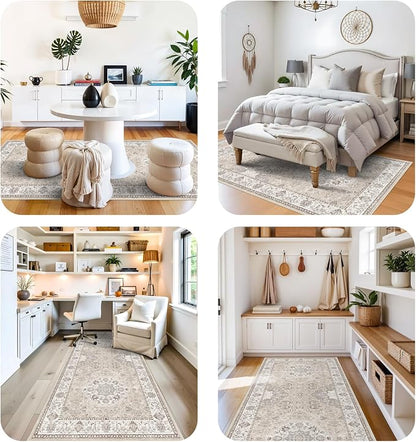 Washable 4x8 Hallway Runner Rug: Vintage 8ft Soft Runners for Entry Kitchen Wide Non Slip Low Pile Carpet for Living Room Bedroom Thin Water Resistant Carpet for Bathroom Dining Room Foyer(Beige,4x8)