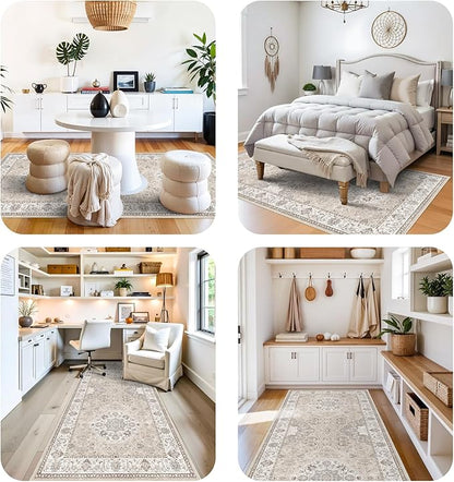 Washable 4x12 Wide Hallway Runners: 12ft Vintage Soft Runner Rug for Entryway Living Room Non Slip Water Resistant Carpet for Kitchen Dining Room Ultra Thin Nursery Bedroom Area Rug(Beige,4x12)