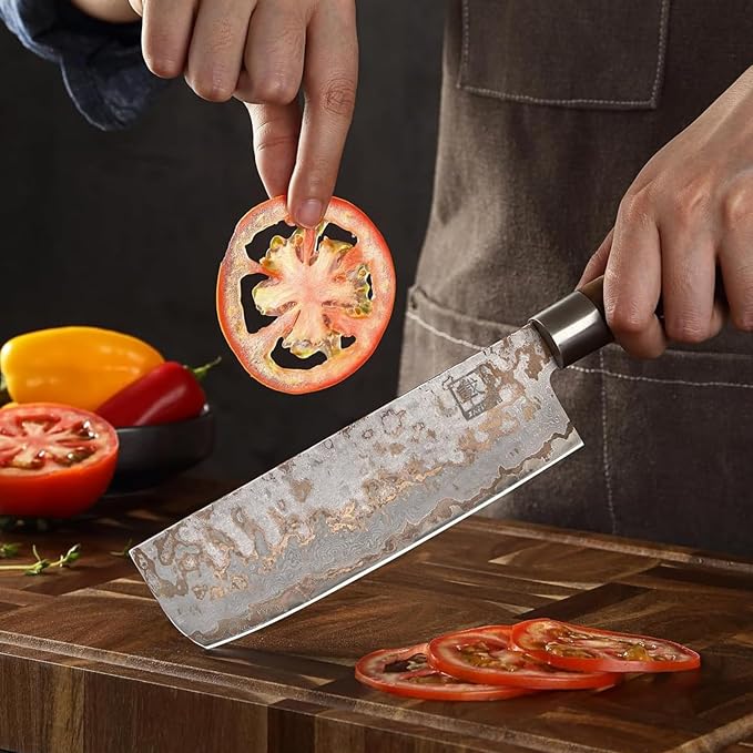 zayiko Damascus Nakiri Knife 6.7 Inch, VG10 Core Vegetable Knife for Chopping, Slicing & Dicing, 67-Layer Copper Damascus Steel, Maple Root Wood Handle, Wooden Gift Box