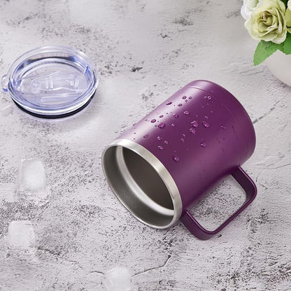 MEWAY 12oz Coffee Mug With Handle and Sliding Lid,Stainless Steel Travel Tumbler Cup with Handle,Double Wall Vacuum Insulated Camping Cup for Hot & Cold Drinks Tea (Plum,Set of 1)