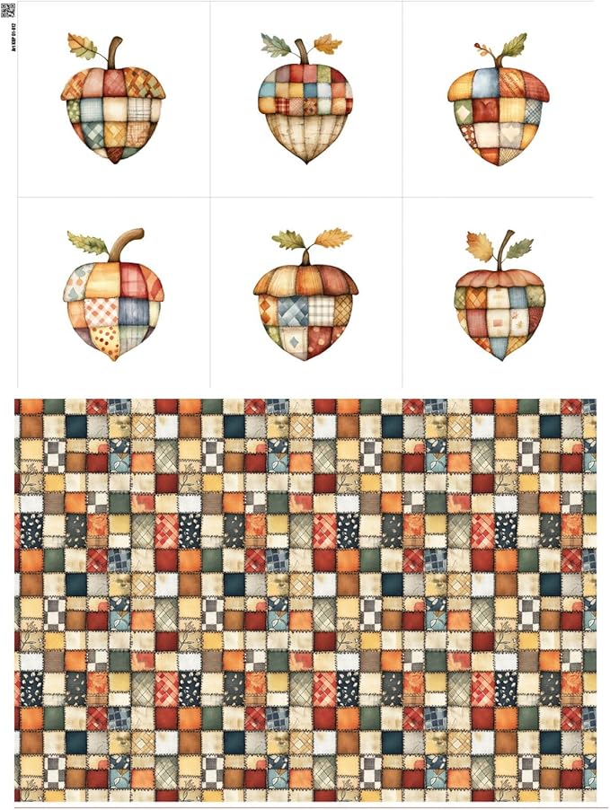 Patchwork Acorn Cotton Fabric Panel – 6 Designs (10×10 inch Each) + Bonus Sheet 29.5×19.6 inch, 100% Cotton 140 GSM, Made in Türkiye