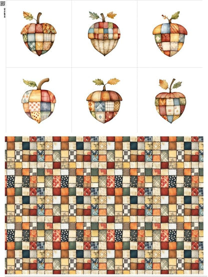 Patchwork Acorn Cotton Fabric Panel – 6 Designs (10×10 inch Each) + Bonus Sheet 29.5×19.6 inch, 100% Cotton 140 GSM, Made in Türkiye