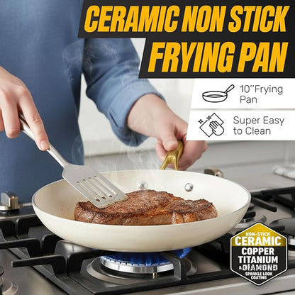 GOTHAM STEEL 15 Pc Ceramic Pots and Pans Set Non Stick, Kitchen Cookware Sets, Pot and Pan Set, Ceramic Cookware Set, Non Toxic Cookware Set, Non Stick Pots and Pan Set Dishwasher Safe, Cream White…