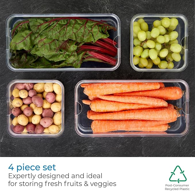 iDesign Crisp 4-Piece Recycled Plastic Refrigerator Organizer Bin Set with Lids, Clear/White