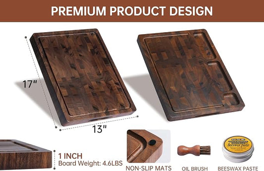 THETCHRY Walnut Wood Cutting Boards for Kitchen, End Grain Chopping Board Double Sided, Large Cutting Board with Handle, Charcuterie Butcher Block for Meal Prep & Serving with Gift Box, 17"×13"×1"
