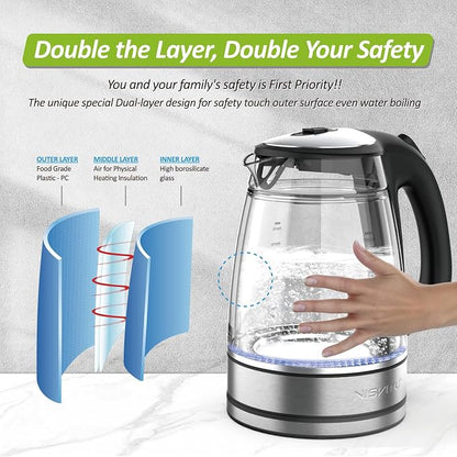 NISVITU 1.7L Dual Wall Cool Touch Electric Kettle, BPA-Free Borosilicate Glass Inner, PC Outer, 1500W Fast Boil Cordless Hot Water Boiler & Electric Tea Kettle, Keep Warm, Auto Shut-Off, Black