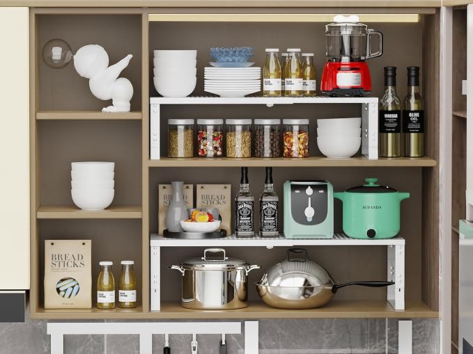 Jojocross Adjustable Expanable Stackable Spice Rack Shelf Pantry Storage Organizer for Kitchen Cabinet,Countertop,Bathroom and More.Space is no Longer Limited(3Packs/White/Medium)