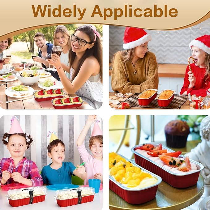 100 Pack Mini Cake Pans with Lids and Spoons, Mini Loaf Baking Pans 6.8oz, Small Disposable Aluminum Foil Loaf Pans, Rectangular Baking Containers for Party and Picnics, Cheesecake Pans (Red)
