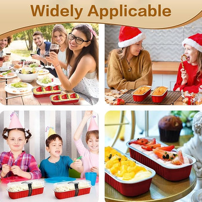 100 Pack Mini Cake Pans with Lids and Spoons, Mini Loaf Baking Pans 6.8oz, Small Disposable Aluminum Foil Loaf Pans, Rectangular Baking Containers for Party and Picnics, Cheesecake Pans (Red)