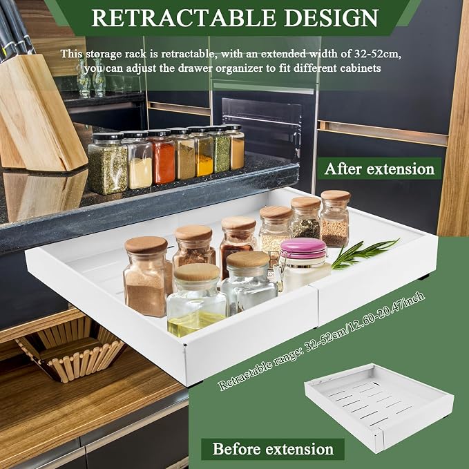 Expandable Cabinet Organizer - Quiet Sliding Pull Out Shelves 12.6"-20.5" for Kitchen (White)