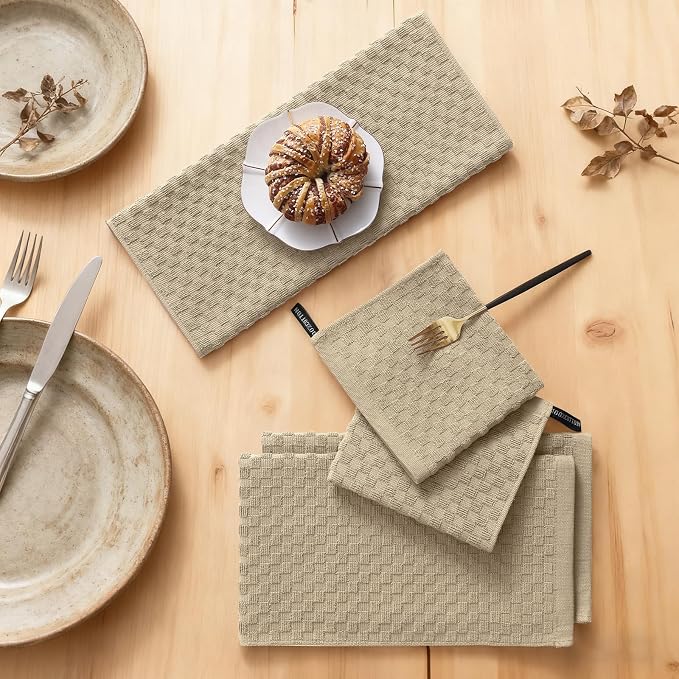 Homaxy 100% Cotton Kitchen Towels and Dishcloths Set, 12 x 12 & 15 x 25 Inches, Set of 16 Bulk Terry Cloth Dish Towels, Super Soft and Absorbent Hand Towel with Hanging Loop, Tan