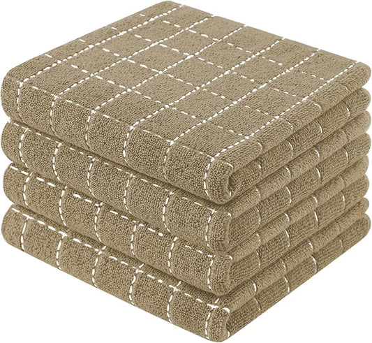 Mordimy 100% Cotton Terry Cloth Kitchen Towels, Super Soft and Absorbent Dish Towels for Drying, Checkered Designed Hand Towels for Kitchen, 13 x 28 Inches, 4 Pack, Tan